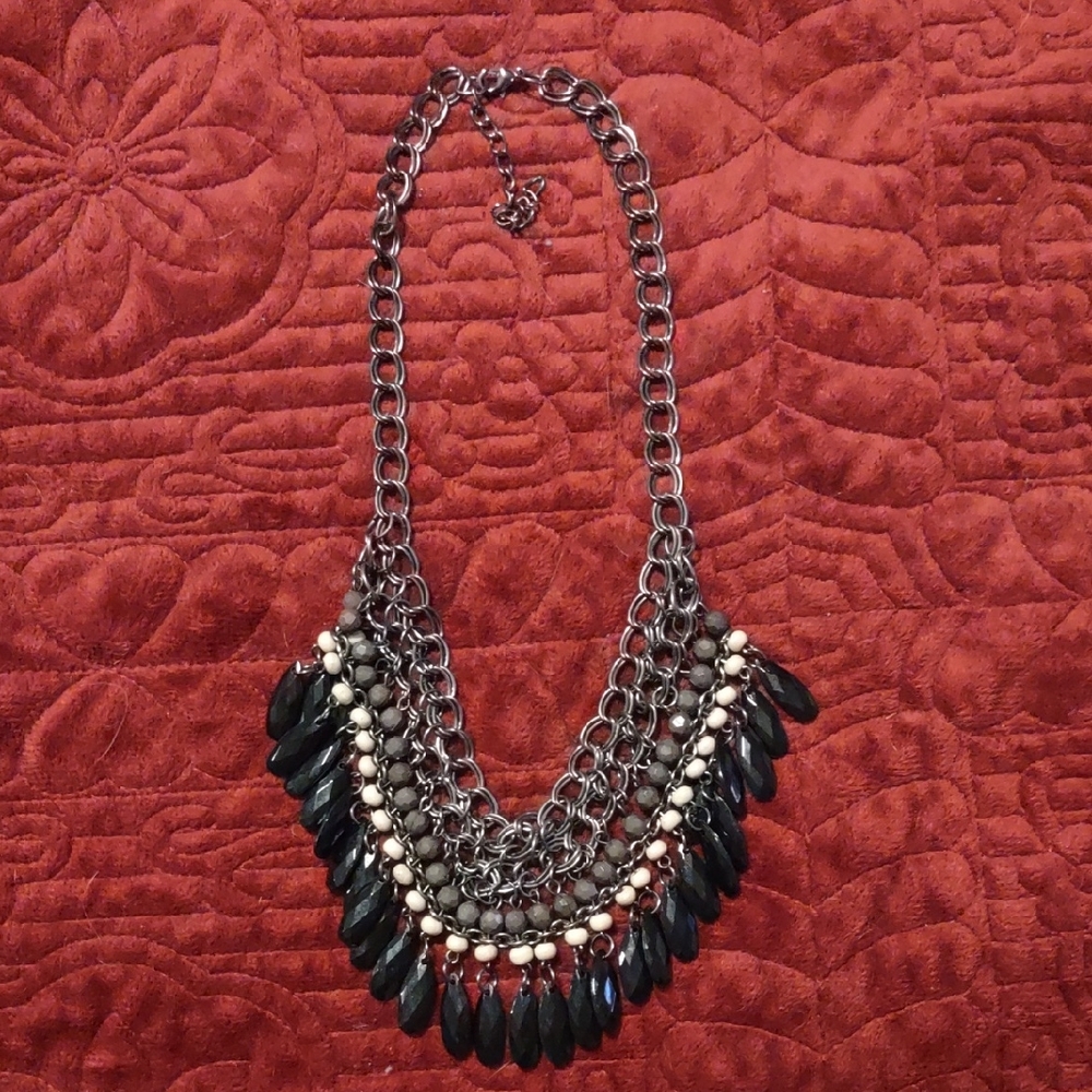 Elegant Black and Silver Layered Necklace. Adjustable Chain.